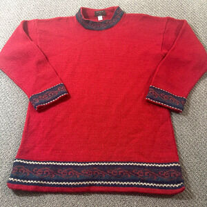 Kotare Pullover Sweater Womens Red Blue Ikat Knit Crew Neck Long Sleeve Holiday